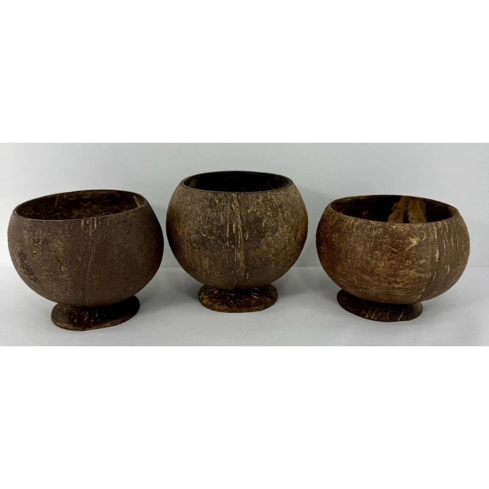Coconut Shell Footed Bowl/ Cup‎ Set Of Three (3) Handmade Tropical Tiki Luau